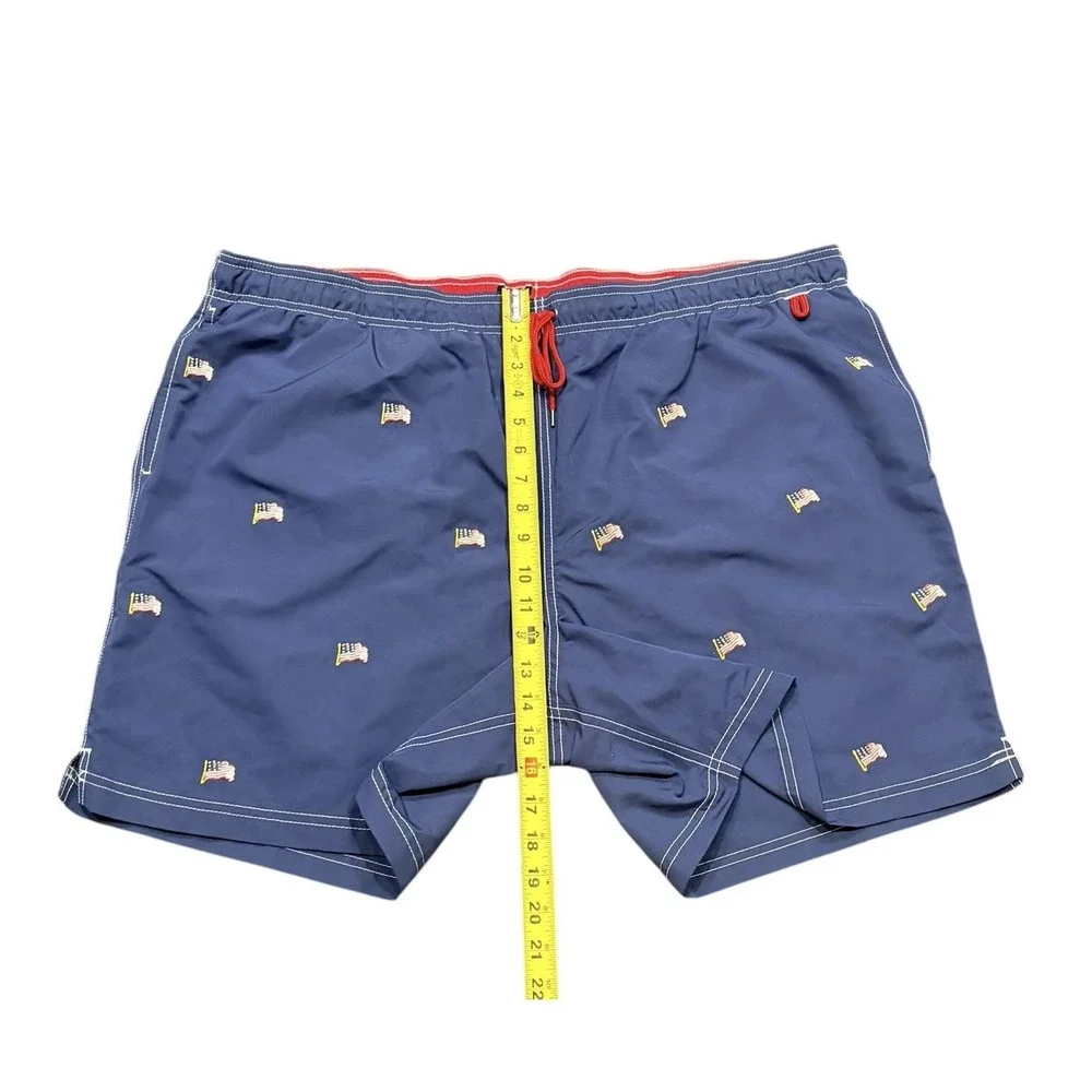 Lands End Swim Trunks Mens XXL Blue Embroidered Patriotic American Flags Lined